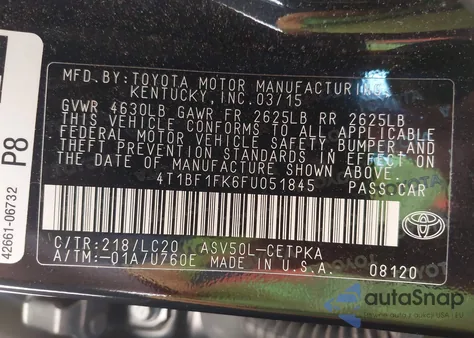 2015 Toyota Camry Xse z USA, uszkodzony, nr VIN 4T1BF1FK6FU051845